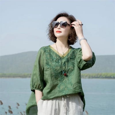 Suvine uus kirjanduslik vintage tikandiga puuvillane linane särk Naiste poolvarrukatega vaba vabaaja pluus Naiste rõivaste topid