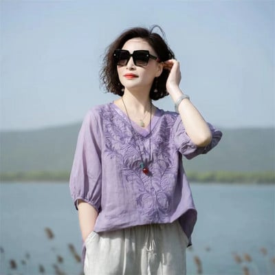 Suvine uus kirjanduslik vintage tikandiga puuvillane linane särk Naiste poolvarrukatega vaba vabaaja pluus Naiste rõivaste topid