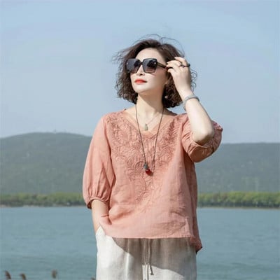 Suvine uus kirjanduslik vintage tikandiga puuvillane linane särk Naiste poolvarrukatega vaba vabaaja pluus Naiste rõivaste topid