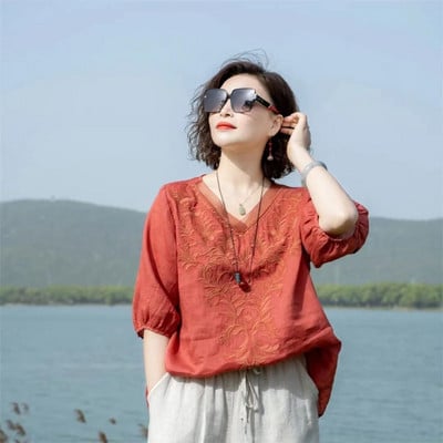 Suvine uus kirjanduslik vintage tikandiga puuvillane linane särk Naiste poolvarrukatega vaba vabaaja pluus Naiste rõivaste topid