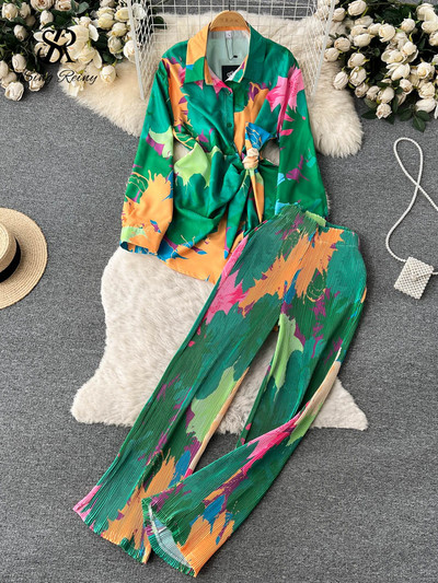 SINGREINY Costume pentru femeie cu imprimeu de modă din două piese Bandaj cu fundă Topuri cu mâneci lungi + Pantaloni casual cu picioare largi Streetwear Seturi retro de toamnă