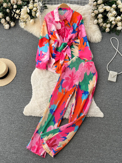 SINGREINY Costume pentru femeie cu imprimeu de modă din două piese Bandaj cu fundă Topuri cu mâneci lungi + Pantaloni casual cu picioare largi Streetwear Seturi retro de toamnă