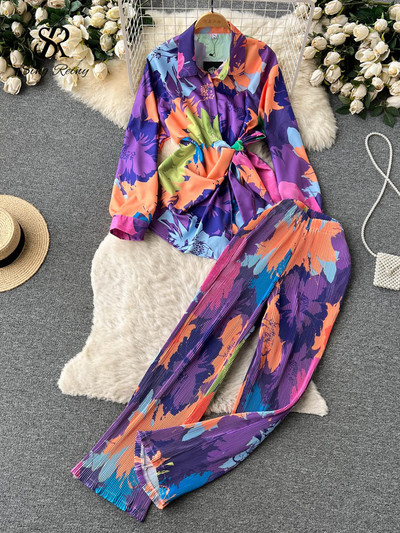 SINGREINY Costume pentru femeie cu imprimeu de modă din două piese Bandaj cu fundă Topuri cu mâneci lungi + Pantaloni casual cu picioare largi Streetwear Seturi retro de toamnă