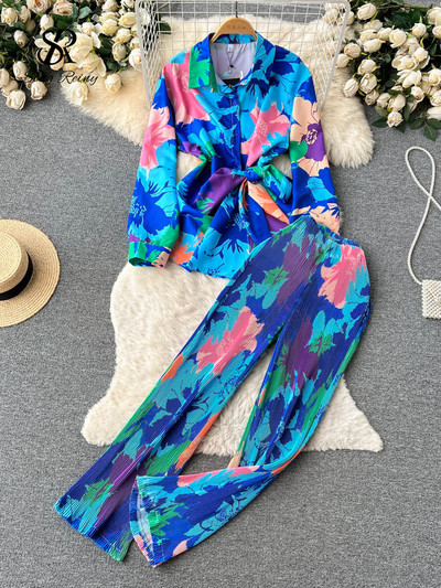 SINGREINY Costume pentru femeie cu imprimeu de modă din două piese Bandaj cu fundă Topuri cu mâneci lungi + Pantaloni casual cu picioare largi Streetwear Seturi retro de toamnă