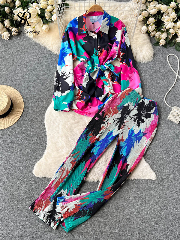 SINGREINY Costume pentru femeie cu imprimeu de modă din două piese Bandaj cu fundă Topuri cu mâneci lungi + Pantaloni casual cu picioare largi Streetwear Seturi retro de toamnă