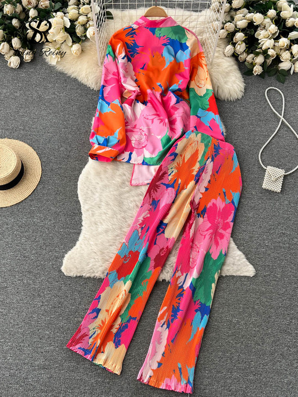 SINGREINY Costume pentru femeie cu imprimeu de modă din două piese Bandaj cu fundă Topuri cu mâneci lungi + Pantaloni casual cu picioare largi Streetwear Seturi retro de toamnă