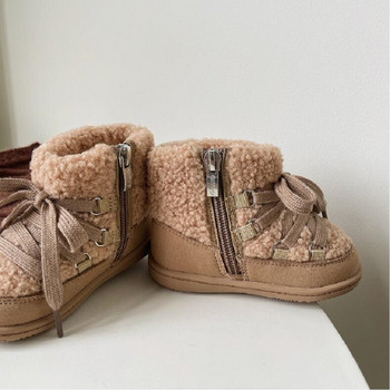 Μέγεθος 16-30 Βαμβακερές μπότες για κορίτσια 2023 Χειμώνας Νέες κοντές μπότες για κορίτσια Lamb Hair Boys\' Fashion Soft Sole Walking Shoes Camel Grey