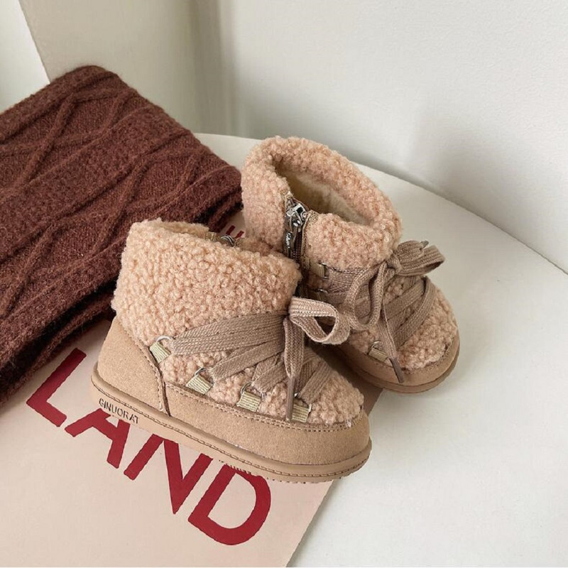Veličina 16-30 Pamučne čizme za djevojčice zimske novosti 2023. Kratke čizme za djevojčice Jagnjeće dlake Modne cipele za hodanje s mekim potplatom za dječake Kamel siva