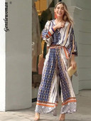 Cămașă imprimată costum pantaloni femei cu mânecă lungă lanternă cămăși largi la un singur piept și set pantaloni lați cu talie înaltă elastică