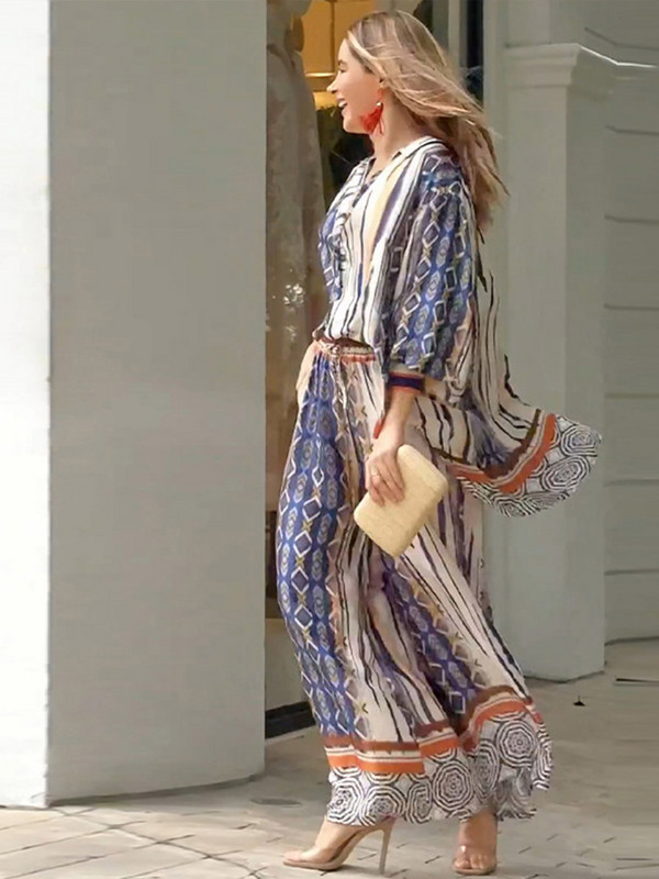 Cămașă imprimată costum pantaloni femei cu mânecă lungă lanternă cămăși largi la un singur piept și set pantaloni lați cu talie înaltă elastică