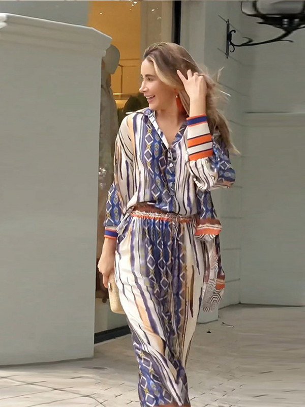 Cămașă imprimată costum pantaloni femei cu mânecă lungă lanternă cămăși largi la un singur piept și set pantaloni lați cu talie înaltă elastică