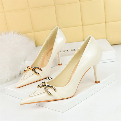 BIGTREE Plitke cipele s retro metalnom kopčom Ženske 2023. Nove uredske cipele s visokom petom od meke kože sa šiljastim prstima Ženske vjenčane cipele na štikle