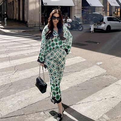 Vintage γεωμετρικά στάμπα Γυναικεία κοστούμια 2023 Μόδα υπερμεγέθη μακριά πουκάμισα και ψηλόμεσο παντελόνι φαρδύ γυναικείο σετ 2 τεμαχίων casual