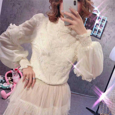Jarná jesenná dámska blúzka s dlhým rukávom, sladká kvetinová blúzka s lanternovým rukávom, čipkovaná košeľa, dámske volániky, sieťované blúzky s krátkym spodným dielom 1744