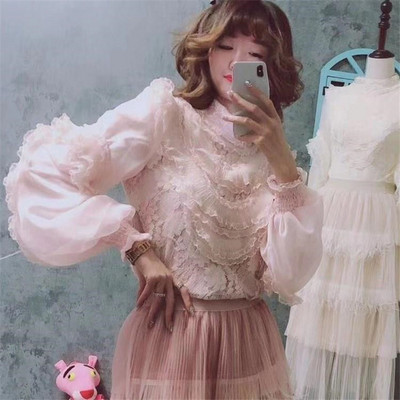 Jarná jesenná dámska blúzka s dlhým rukávom, sladká kvetinová blúzka s lanternovým rukávom, čipkovaná košeľa, dámske volániky, sieťované blúzky s krátkym spodným dielom 1744