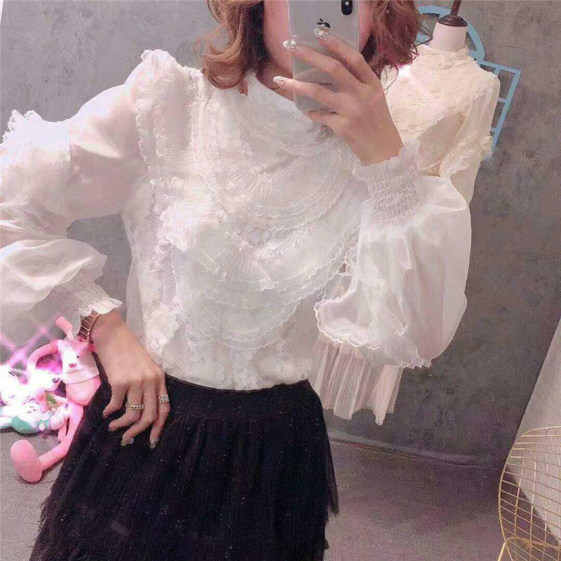 Jarná jesenná dámska blúzka s dlhým rukávom, sladká kvetinová blúzka s lanternovým rukávom, čipkovaná košeľa, dámske volániky, sieťované blúzky s krátkym spodným dielom 1744