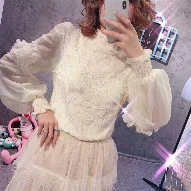 Jarná jesenná dámska blúzka s dlhým rukávom, sladká kvetinová blúzka s lanternovým rukávom, čipkovaná košeľa, dámske volániky, sieťované blúzky s krátkym spodným dielom 1744