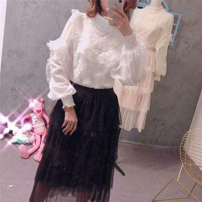 Jarná jesenná dámska blúzka s dlhým rukávom, sladká kvetinová blúzka s lanternovým rukávom, čipkovaná košeľa, dámske volániky, sieťované blúzky s krátkym spodným dielom 1744