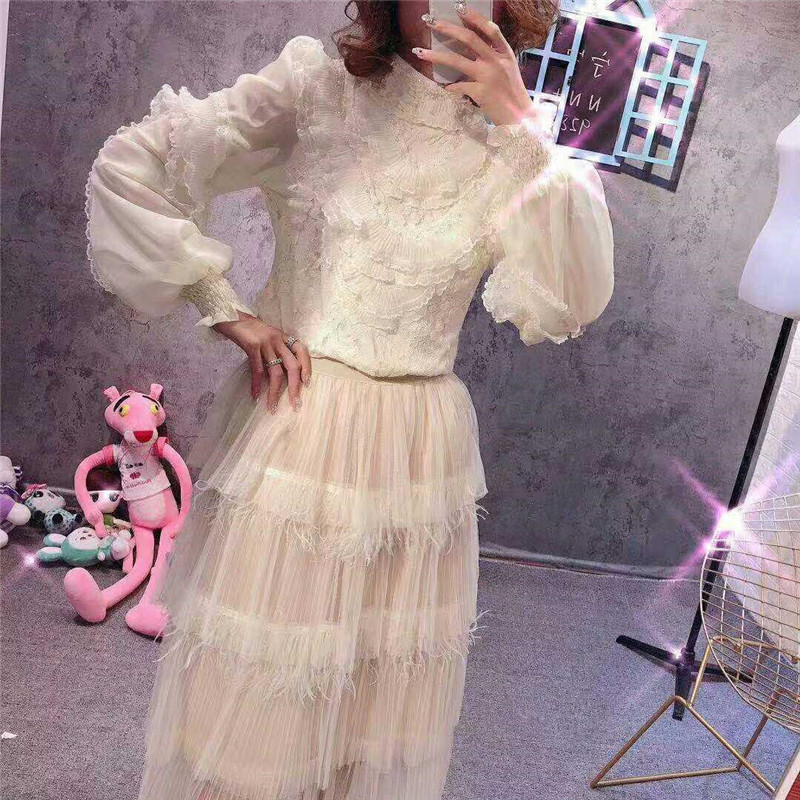 Jarná jesenná dámska blúzka s dlhým rukávom, sladká kvetinová blúzka s lanternovým rukávom, čipkovaná košeľa, dámske volániky, sieťované blúzky s krátkym spodným dielom 1744