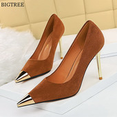 7/9,5 cm kõrged kontsad, naiste pumbad, uus sügis, Solid Flock, moodne metallist terava ninaga naiste kontorijalatsid Stiletto Shallow Woman Party