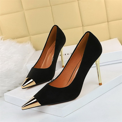 7/9,5 cm kõrged kontsad, naiste pumbad, uus sügis, Solid Flock, moodne metallist terava ninaga naiste kontorijalatsid Stiletto Shallow Woman Party