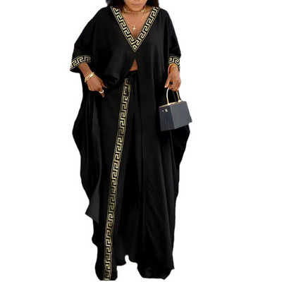 Set de două piese, lejer, imprimat, pentru femei, primăvară 2023, cu decolteu în V, mâneci evazate, top X-lung + pantaloni largi, ținute streetwear pentru femei