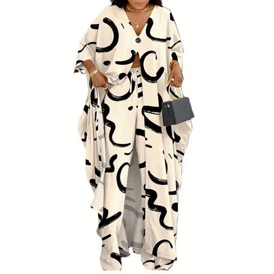 Set de două piese, lejer, imprimat, pentru femei, primăvară 2023, cu decolteu în V, mâneci evazate, top X-lung + pantaloni largi, ținute streetwear pentru femei