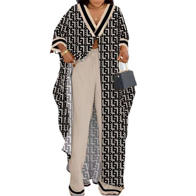 Set de două piese, lejer, imprimat, pentru femei, primăvară 2023, cu decolteu în V, mâneci evazate, top X-lung + pantaloni largi, ținute streetwear pentru femei