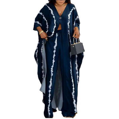 Set de două piese, lejer, imprimat, pentru femei, primăvară 2023, cu decolteu în V, mâneci evazate, top X-lung + pantaloni largi, ținute streetwear pentru femei