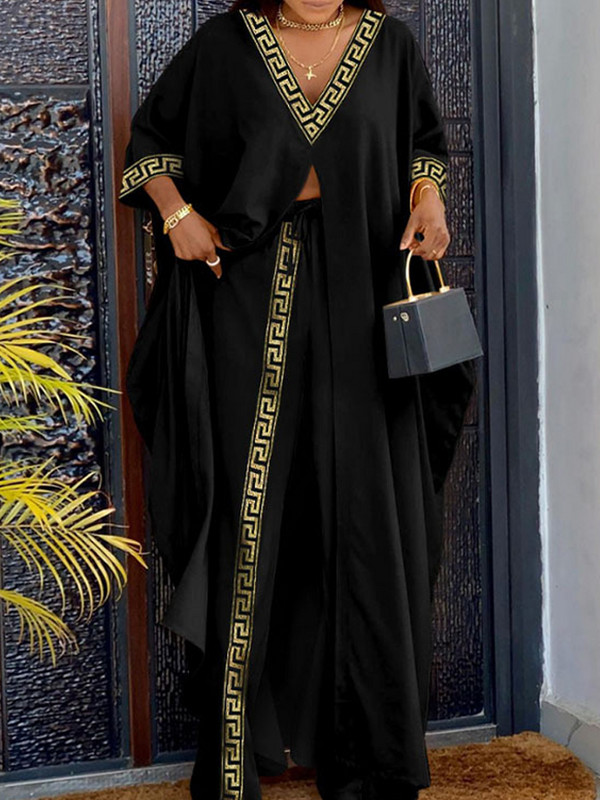 Set de două piese, lejer, imprimat, pentru femei, primăvară 2023, cu decolteu în V, mâneci evazate, top X-lung + pantaloni largi, ținute streetwear pentru femei