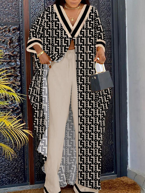 Set de două piese, lejer, imprimat, pentru femei, primăvară 2023, cu decolteu în V, mâneci evazate, top X-lung + pantaloni largi, ținute streetwear pentru femei
