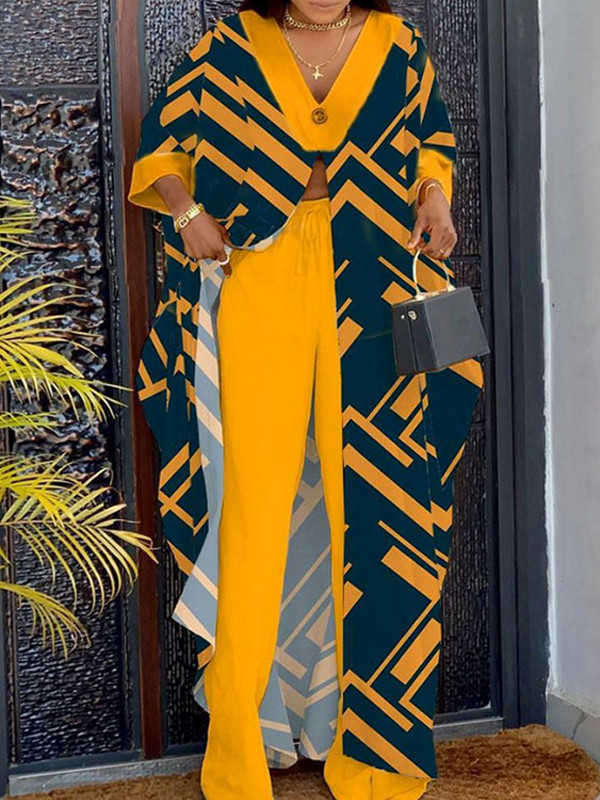 Set de două piese, lejer, imprimat, pentru femei, primăvară 2023, cu decolteu în V, mâneci evazate, top X-lung + pantaloni largi, ținute streetwear pentru femei