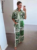 Σετ παντελόνι πουκάμισο με πράσινη στάμπα Γυναικεία μόδα Κοντό μανίκι μονό στήθος φαρδύ παντελόνι Φαρδύ παντελόνι κοστούμι Γυναικεία εορταστικά ρούχα