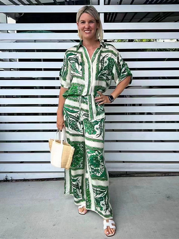 Σετ παντελόνι πουκάμισο με πράσινη στάμπα Γυναικεία μόδα Κοντό μανίκι μονό στήθος φαρδύ παντελόνι Φαρδύ παντελόνι κοστούμι Γυναικεία εορταστικά ρούχα