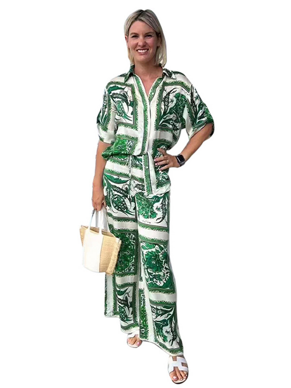 Σετ παντελόνι πουκάμισο με πράσινη στάμπα Γυναικεία μόδα Κοντό μανίκι μονό στήθος φαρδύ παντελόνι Φαρδύ παντελόνι κοστούμι Γυναικεία εορταστικά ρούχα