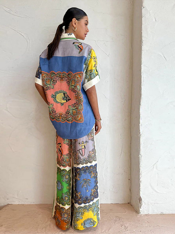 Casual Geometry Print Särgipükste komplekt Naiste lühikeste varrukatega Sing rinnaga särgid Laia säärega pükste ülikond 2023. aasta suve naiste 2-osalised komplektid