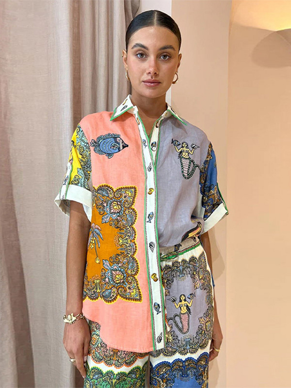 Casual Geometry Print Särgipükste komplekt Naiste lühikeste varrukatega Sing rinnaga särgid Laia säärega pükste ülikond 2023. aasta suve naiste 2-osalised komplektid