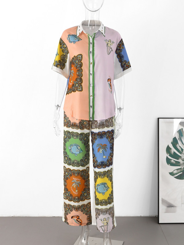 Casual Geometry Print Särgipükste komplekt Naiste lühikeste varrukatega Sing rinnaga särgid Laia säärega pükste ülikond 2023. aasta suve naiste 2-osalised komplektid