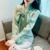 Broderie de modă Tifon îmbinat Bluze cu dantelă cu fundă Îmbrăcăminte pentru femei Toamna 2023 Noi Topuri elegante Cămăși cu mâneci prințesă