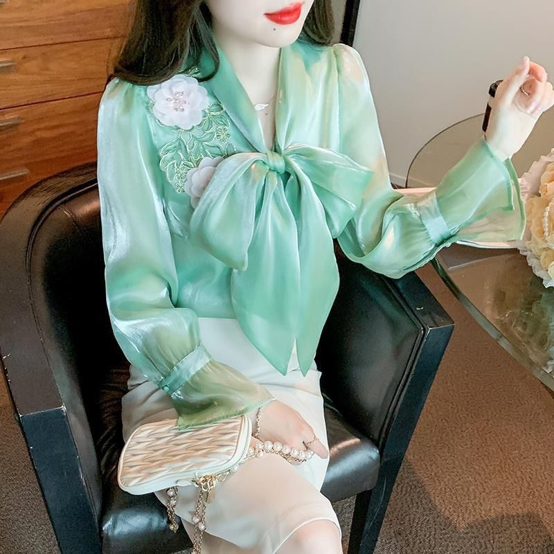 Broderie de modă Tifon îmbinat Bluze cu dantelă cu fundă Îmbrăcăminte pentru femei Toamna 2023 Noi Topuri elegante Cămăși cu mâneci prințesă