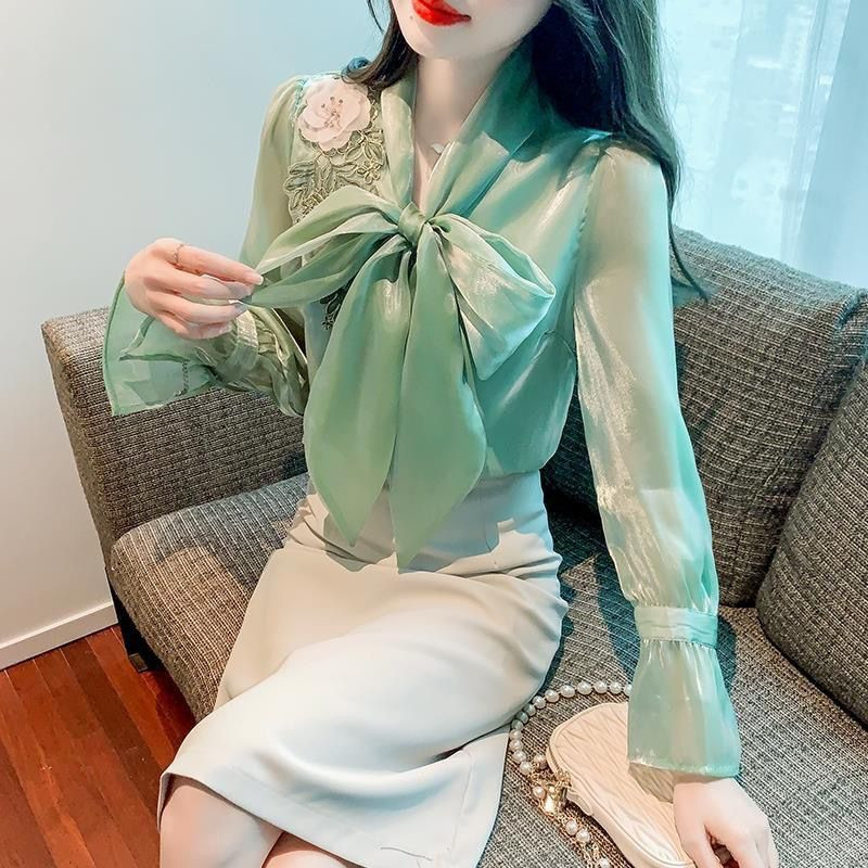 Broderie de modă Tifon îmbinat Bluze cu dantelă cu fundă Îmbrăcăminte pentru femei Toamna 2023 Noi Topuri elegante Cămăși cu mâneci prințesă