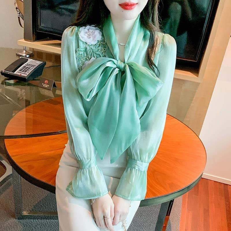 Broderie de modă Tifon îmbinat Bluze cu dantelă cu fundă Îmbrăcăminte pentru femei Toamna 2023 Noi Topuri elegante Cămăși cu mâneci prințesă