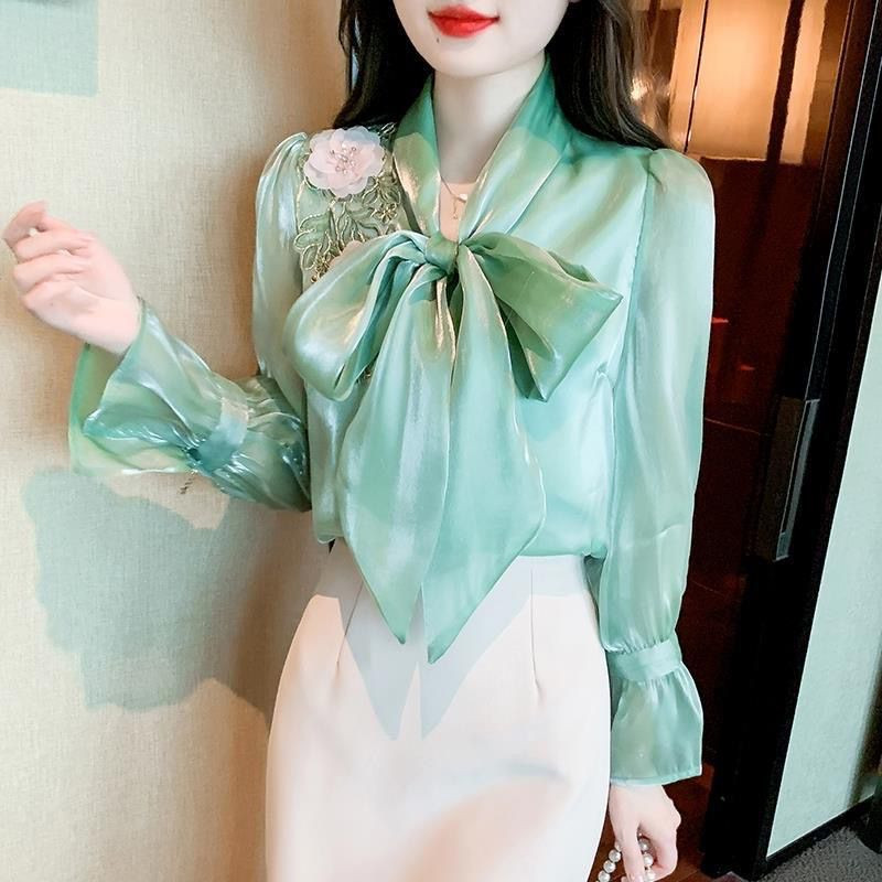 Broderie de modă Tifon îmbinat Bluze cu dantelă cu fundă Îmbrăcăminte pentru femei Toamna 2023 Noi Topuri elegante Cămăși cu mâneci prințesă