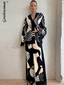 Dámske ležérne nohavice s dlhým rukávom a golierom, čiernobielou potlačou, širokými nohavicami a oblekom z roku 2023