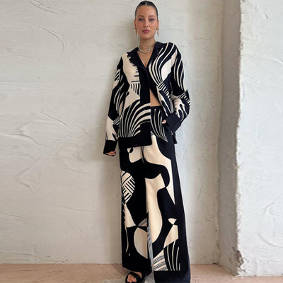 Dámske ležérne nohavice s dlhým rukávom a golierom, čiernobielou potlačou, širokými nohavicami a oblekom z roku 2023