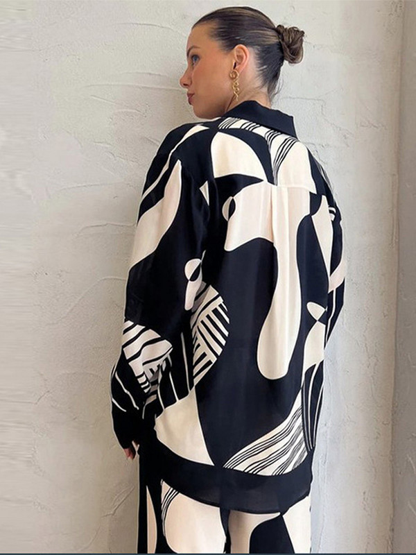 Dámske ležérne nohavice s dlhým rukávom a golierom, čiernobielou potlačou, širokými nohavicami a oblekom z roku 2023