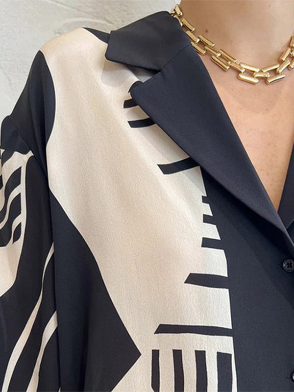 Dámske ležérne nohavice s dlhým rukávom a golierom, čiernobielou potlačou, širokými nohavicami a oblekom z roku 2023