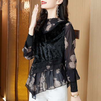 Модна дантелена флорална фалшива блуза от две части с разрошено деколте Дамско облекло 2023 Есенни нови извънгабаритни ежедневни горнища Неправилна риза
