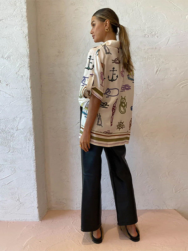 Casual print Graffiti πουκάμισο παντελόνι Γυναικείο κοντό μανίκι μονό στήθος πέτο πάνω φαρδύ παντελόνι κοστούμι Γυναικεία ρούχα για διακοπές