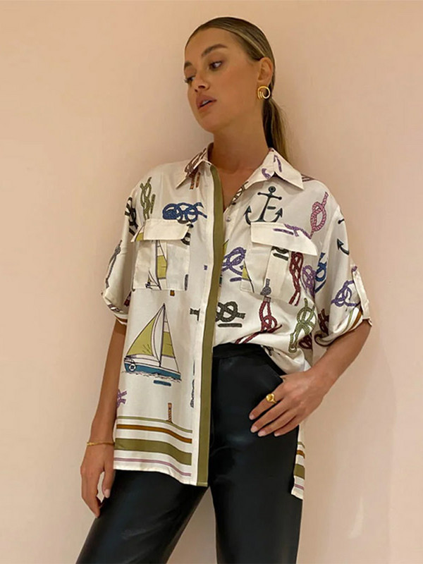 Casual print Graffiti πουκάμισο παντελόνι Γυναικείο κοντό μανίκι μονό στήθος πέτο πάνω φαρδύ παντελόνι κοστούμι Γυναικεία ρούχα για διακοπές